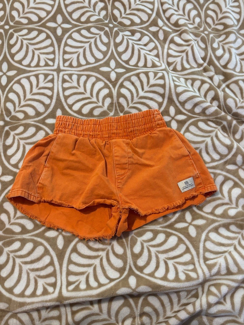 BDG Orange Frayed Hem Elastic-Waist Jean Shorts urban outfitters